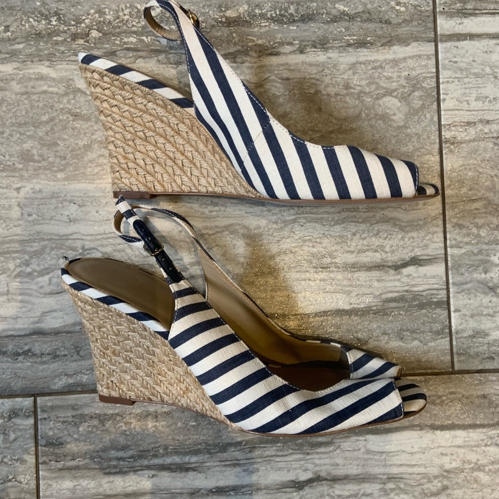 Ann Taylor Blue and White Wedge Sandals with Slingback